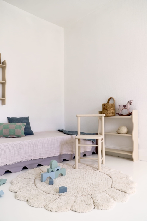 dywan dziecięcy Gabrielle okrągły 110 cm, 100% bawełna, naturalny écru, z wykończeniem w płatki, prany w pralce, certyfikat OEKO-TEX