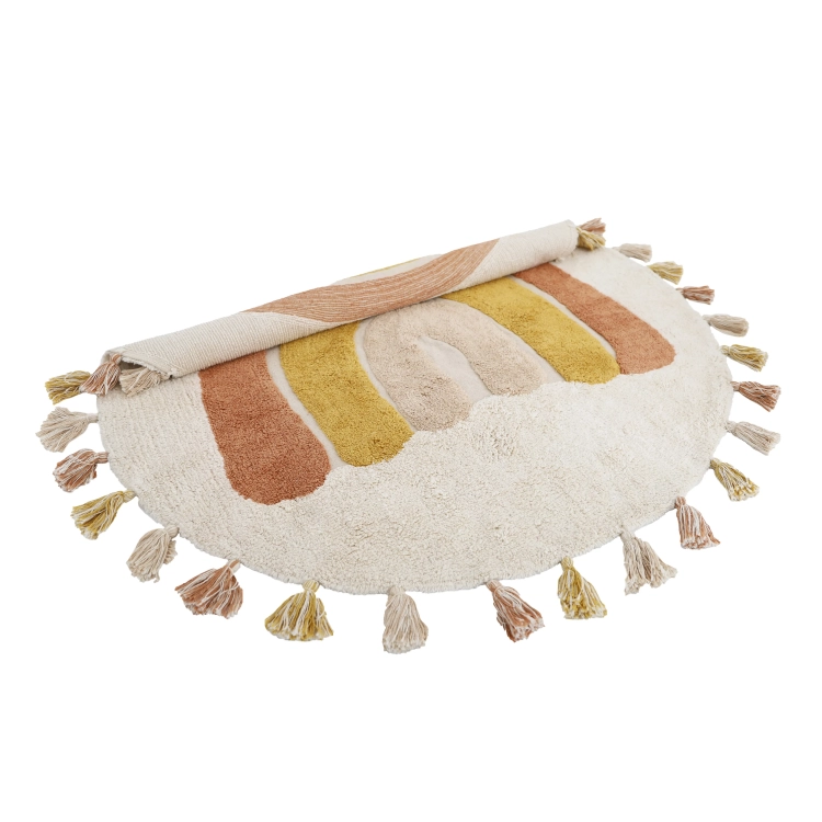 dywan dziecięcy okrągły tęczowy ecru bawełniany z frędzlami średnica 110 cm styl boho dla dziewczynki i chłopca