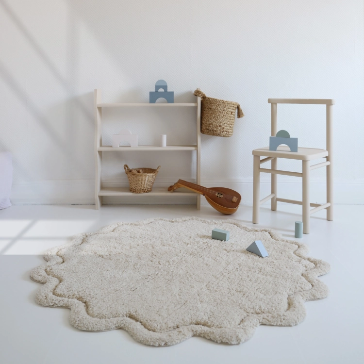 dywan dziecięcy okrągły naturalny ecru bawełniany prany w pralce 110 cm styl boho skandynawski do pokoju dziewczynki lub chłopca