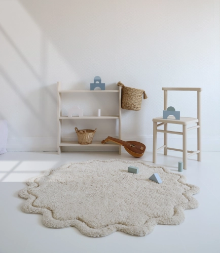 dywan dziecięcy okrągły naturalny ecru bawełniany prany w pralce 110 cm styl boho skandynawski do pokoju dziewczynki lub chłopca