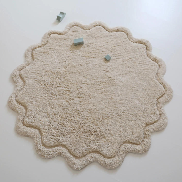 dywan dziecięcy okrągły naturalny ecru bawełniany prany w pralce 110 cm styl boho skandynawski do pokoju dziewczynki lub chłopca