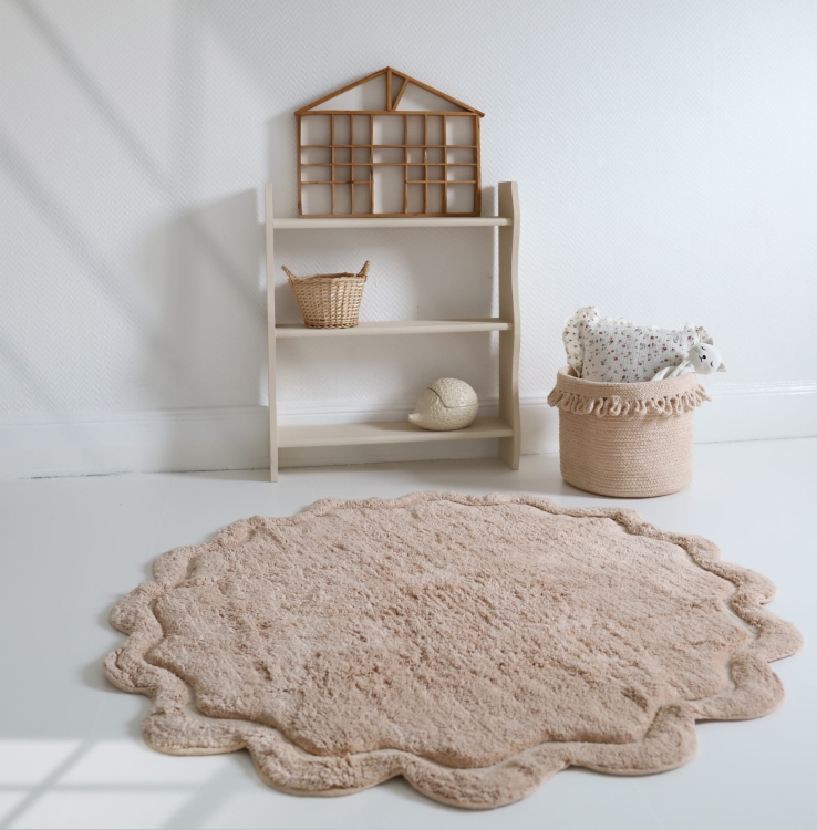 dywan dziecięcy okrągły różowy pudrowy bawełniany 110 cm styl boho romantyczny do pokoju dziewczynki