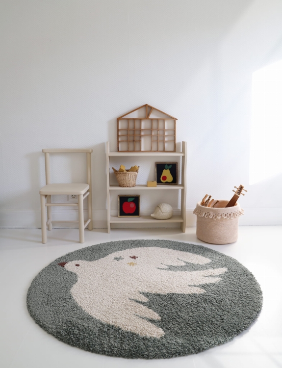 dywan dziecięcy Bohemian Bird Aqua 120 cm, okrągły zielony dywan z białym ptaszkiem, styl boho, polipropylen OEKO-TEX, łatwy do czyszczenia