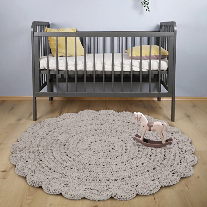 dywan dziecięcy okrągły bawełniany lniana szarość rozmiar 120 cm ręcznie szydełkowany styl boho vintage do pokoju dziecka