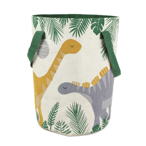 Kosz dziecięcy SENSAKU wykonany z naturalnej bawełny, w odcieniach lnianego beżu, sieny i szałwii. Dekorowany ręcznie nadrukowaną grafiką dinozaura.