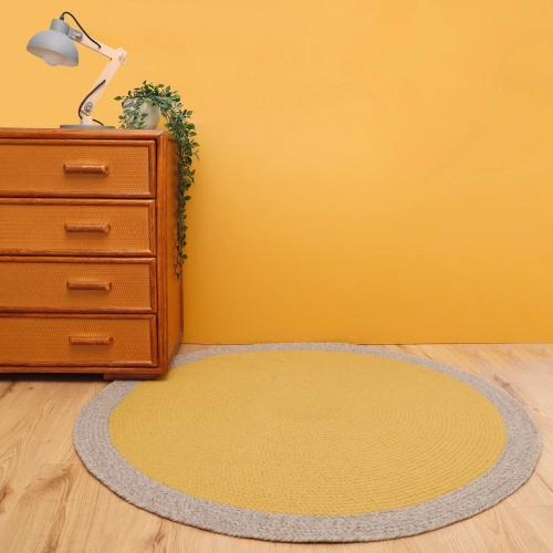dywan okrągły szary z żółtym środkiem 120 cm ręcznie tkany z wełny do pokoju dziecka w stylu boho
