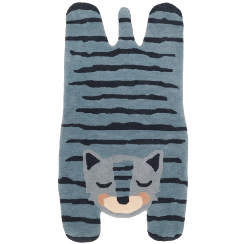 Dywan dziecięcy BLUE TIGGER w kształcie niebieskiego tygrysa 65x125 cm – wełniany, ręcznie tuftowany, idealny do pokoju chłopca i dziewczynki.