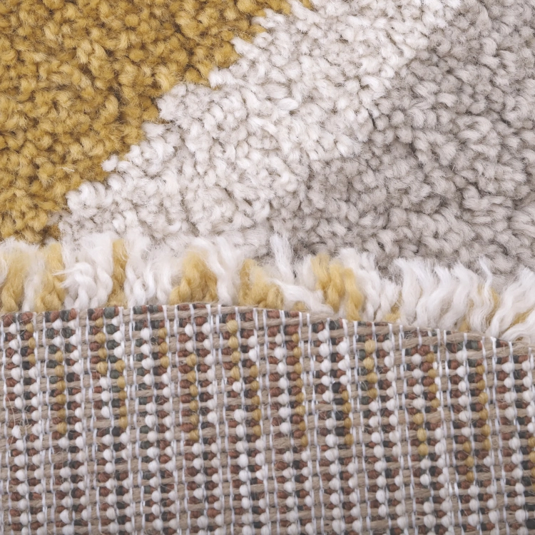 dywan dziecięcy okrągły beżowy z tęczą, styl boho, średnica 120 cm, miękki pluszowy dywan do pokoju dziewczynki