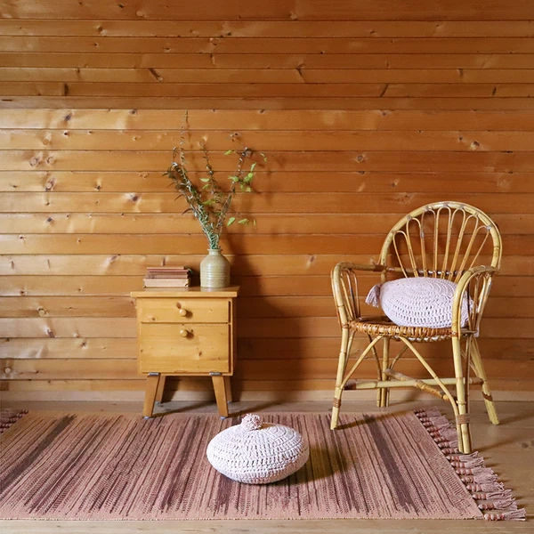 dywan dziecięcy Loomy 100x150 cm, ręcznie tkany z bawełny, boho wzór, różowy korek i bakłażanowy brąz, naturalny dywan do pokoju dziecka