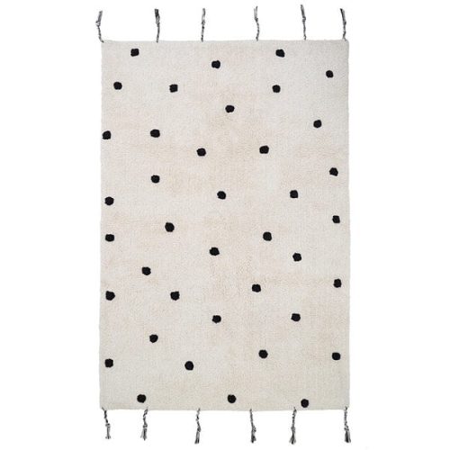 dywan dziecięcy Nümi Black 100x150 cm, bawełniany, tło ecru z czarnymi kropkami, miękki i prany w pralce