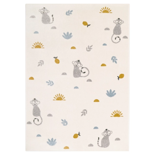 Dywan dziecięcy LITTLE WILD MONKEY HONEY – prostokątny dywan 120x170 cm z małpkami, kolory ecru, miodowy i błękitny, idealny do pokoju chłopca lub dziewczynki.