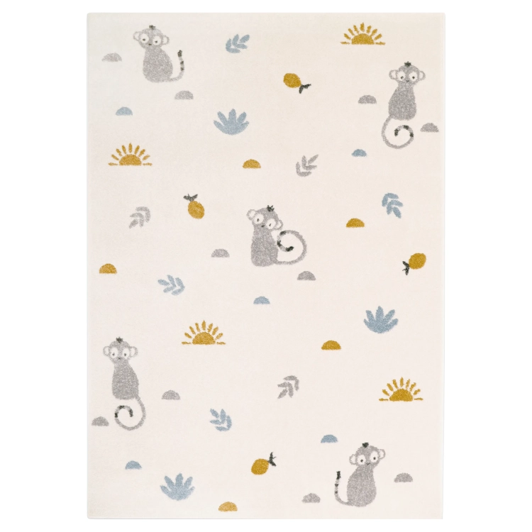 Dywan dziecięcy LITTLE WILD MONKEY HONEY – prostokątny dywan 120x170 cm z małpkami, kolory ecru, miodowy i błękitny, idealny do pokoju chłopca lub dziewczynki.