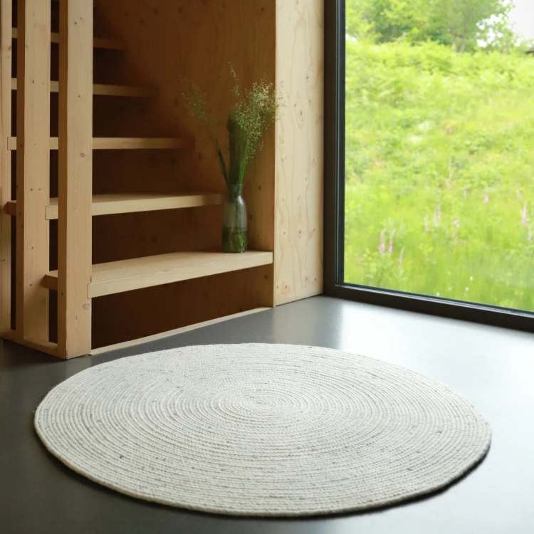 dywan okrągły ecru naturalny ręcznie robiony z wełny i bawełny 110 cm styl boho do pokoju dziecięcego