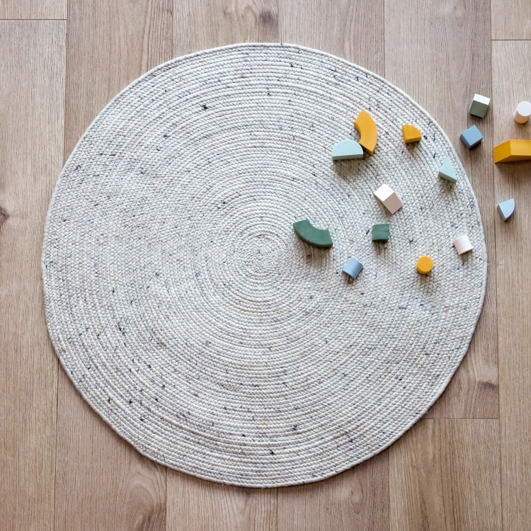 dywan okrągły ecru naturalny ręcznie robiony z wełny i bawełny 110 cm styl boho do pokoju dziecięcego