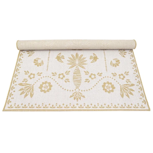 dywan dziecięcy prostokątny ecru 135x190 cm z motywem palm i ptaków, styl boho, polipropylenowy, do wnętrz i na taras