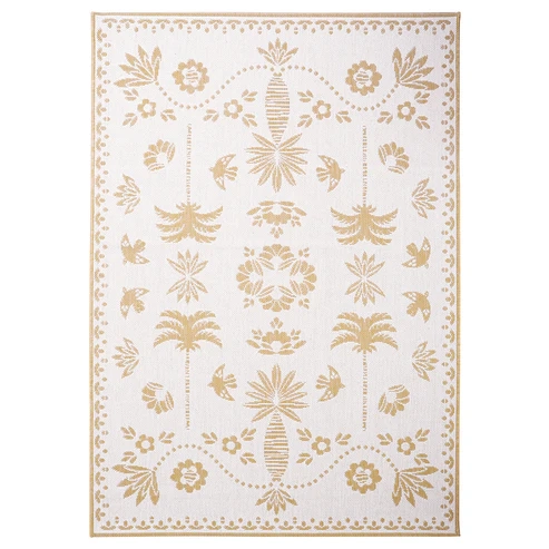 dywan dziecięcy prostokątny ecru 135x190 cm z motywem palm i ptaków, styl boho, polipropylenowy, do wnętrz i na taras