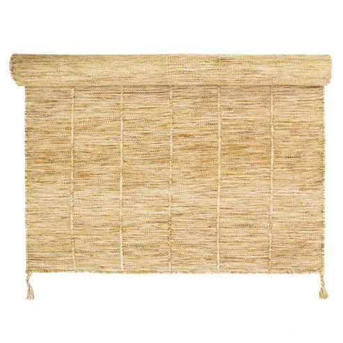 dywan ręcznie tkany 100x140 cm w kolorze musztardowej żółci i brązu, z delikatnymi pionowymi prążkami