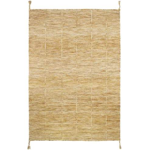dywan ręcznie tkany 100x140 cm w kolorze musztardowej żółci i brązu, z delikatnymi pionowymi prążkami