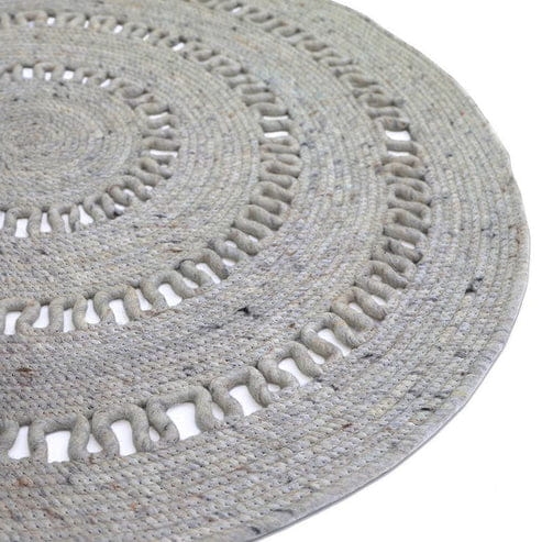 dywan okrągły szary wełniany 140 cm ażurowy ręcznie robiony styl boho minimalistyczny dla dzieci i dorosłych