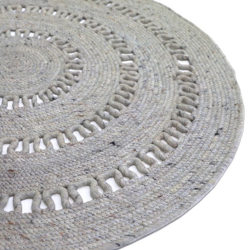dywan okrągły szary wełniany 110 cm ażurowy ręcznie robiony styl boho minimalistyczny do pokoju dziecka