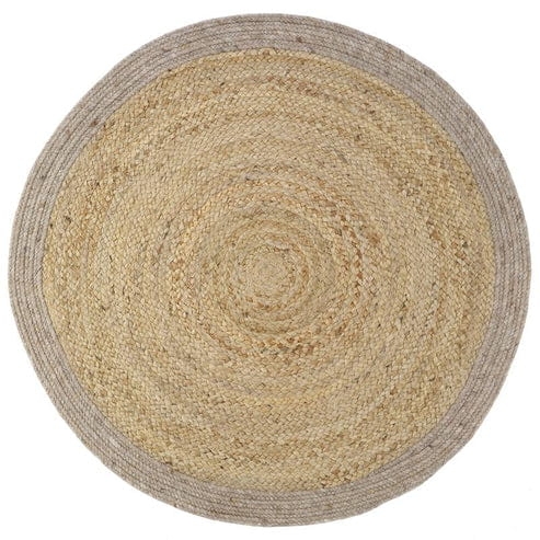 okrągły dywan YHUKI TAUPE M 140 cm z naturalnej juty i brązowym wełnianym obrzeżem, idealny do wnętrz w stylu boho i japandi