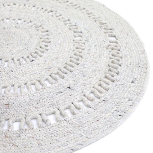 dywan okrągły naturalny ecru wełniany 140 cm ażurowy ręcznie robiony styl boho vintage do pokoju dziecka