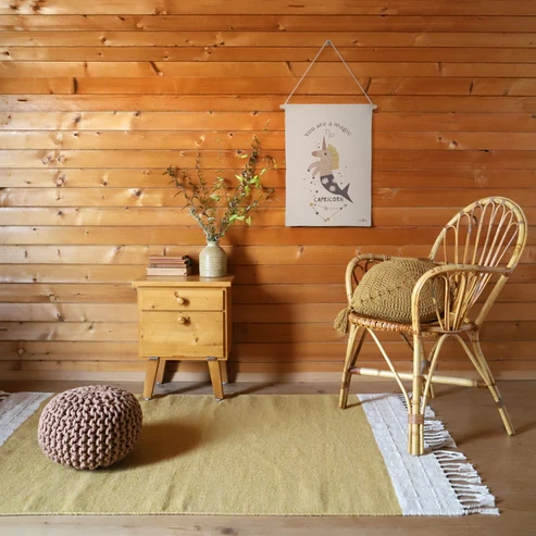 dywan prostokątny musztardowy z ecru bawełniano-poliestrowy 100x150 cm dla dzieci w stylu boho