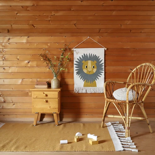 dywan prostokątny musztardowy i ecru bawełniany 100x150 cm do pokoju dziecięcego w stylu boho