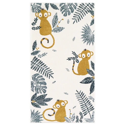 Dywan dziecięcy MONKEY PARADISE HONEY – prostokątny wzór w małpki na tle ecru z detalami w kolorze miodowym, zielonym i szarym, rozmiar 80x150 cm.