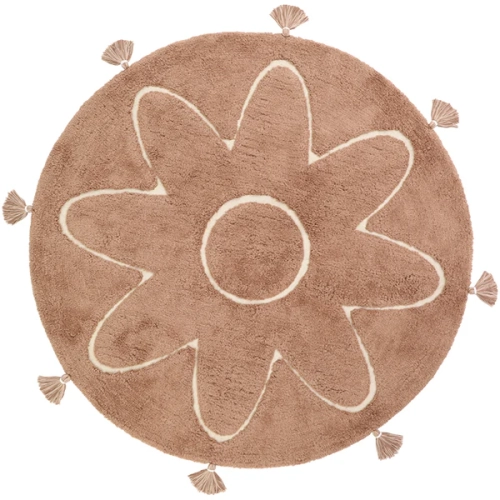 dywan dziecięcy okrągły brązowo różowy bawełniany 110 cm styl boho z pomponami do pokoju dziewczynki