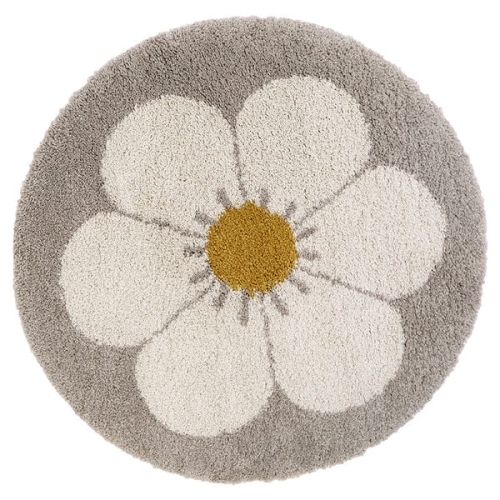 dywan dziecięcy okrągły taupe z motywem stokrotki, styl boho, średnica 120 cm, miękki pluszowy dywan do pokoju dziewczynki lub chłopca