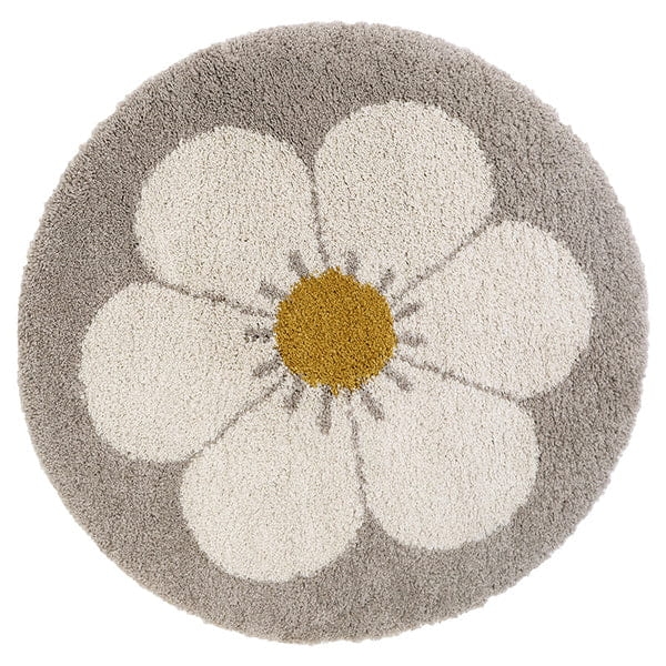 dywan dziecięcy okrągły taupe z motywem stokrotki, styl boho, średnica 120 cm, miękki pluszowy dywan do pokoju dziewczynki lub chłopca
