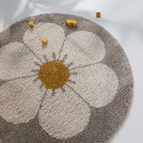 dywan dziecięcy okrągły taupe z motywem stokrotki, styl boho, średnica 120 cm, miękki pluszowy dywan do pokoju dziewczynki lub chłopca