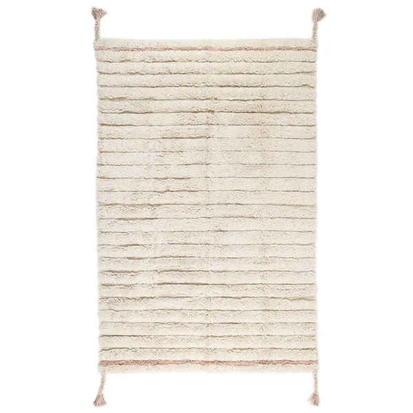 dywan prostokątny bawełniany ecru z pudrowym różem rozmiar 100x150 cm dla dziewczynki w stylu boho