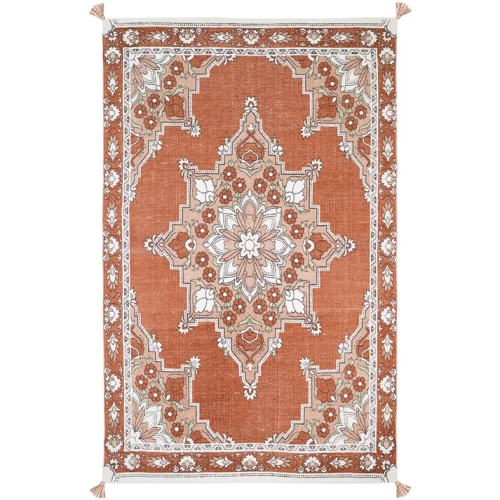 dywan dziecięcy boho prostokątny LALITHA bawełniany 100x150 cm z pomponami w kolorach siena nude i ecru
