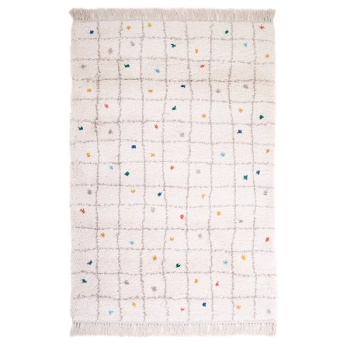 dywan dziecięcy boho szachownica 120x170 cm z frędzlami, beżowy z kolorowymi kropkami, do pokoju chłopca lub dziewczynki