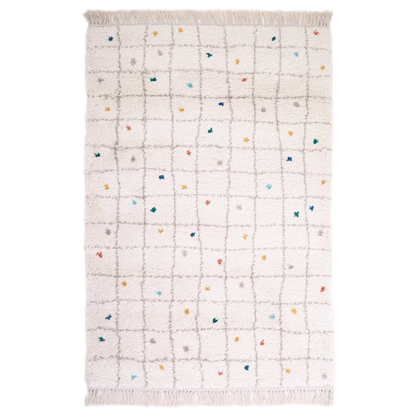 dywan dziecięcy boho szachownica 120x170 cm z frędzlami, beżowy z kolorowymi kropkami, do pokoju chłopca lub dziewczynki