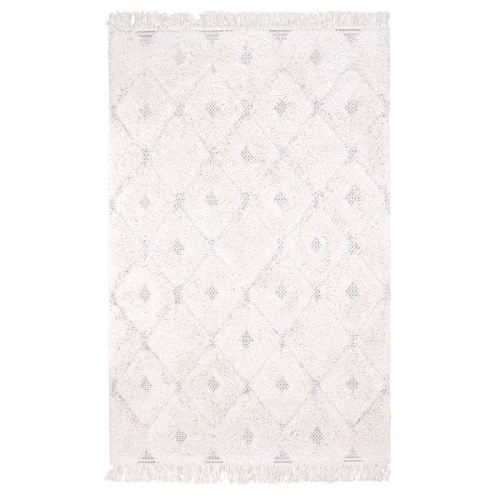 dywan dziecięcy 128x190 cm puszysty beżowy w stylu boho, z czarnym wzorem alpaka, do pokoju dziecka