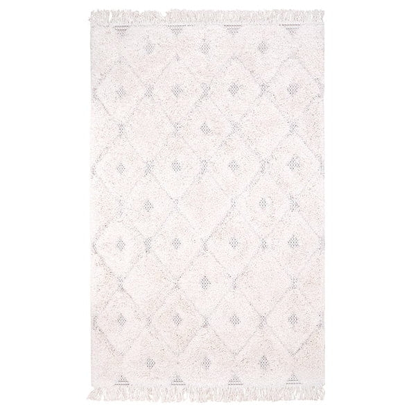 dywan dziecięcy 128x190 cm puszysty beżowy w stylu boho, z czarnym wzorem alpaka, do pokoju dziecka