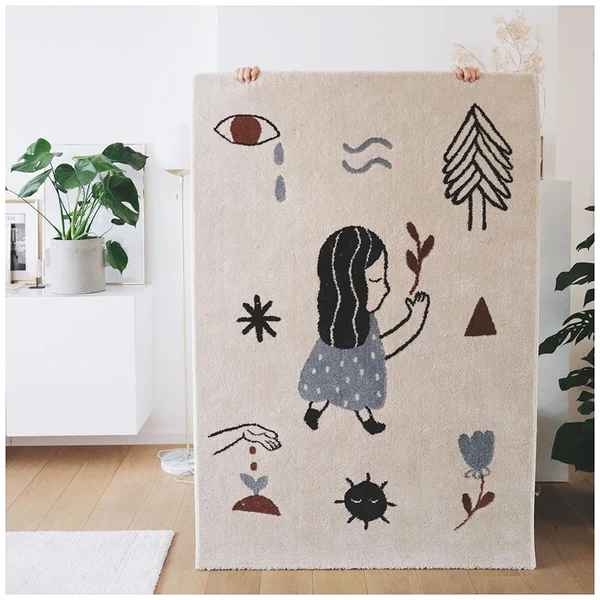 dywan dziecięcy LOVE RIGHT 120x170 cm, projekt Marta Abad Blay, artystyczny wzór w odcieniach ecru, błękitu i brązu