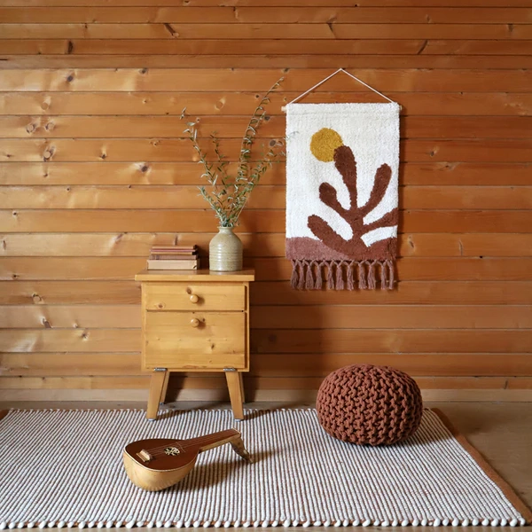 dywan retro karmelowy z ecru wełną 70x130 cm do sypialni lub pokoju dziecka