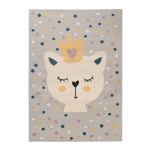 dywan dziecięcy Royal Kitty 120x170 cm, szary z białym kotkiem i pastelowymi kropkami, idealny do pokoju dziewczynki