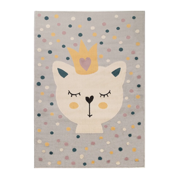 dywan dziecięcy Royal Kitty 120x170 cm, szary z białym kotkiem i pastelowymi kropkami, idealny do pokoju dziewczynki