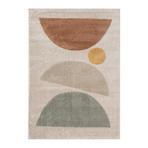 dywan dziecięcy Playful Balance 120x170 cm w kolorze beżowym z geometrycznym wzorem w pastelowych odcieniach zieleni, żółci i brązu, idealny do pokoju dziecka