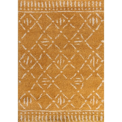 dywan Honey 120x170 cm w kolorze miodowego żółtego i beżu z białym geometrycznym wzorem, miękki i sprężysty, idealny do salonu lub sypialni