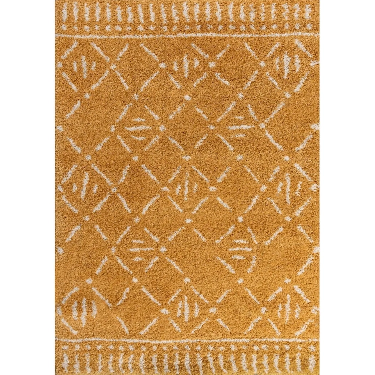dywan Honey 120x170 cm w kolorze miodowego żółtego i beżu z białym geometrycznym wzorem, miękki i sprężysty, idealny do salonu lub sypialni