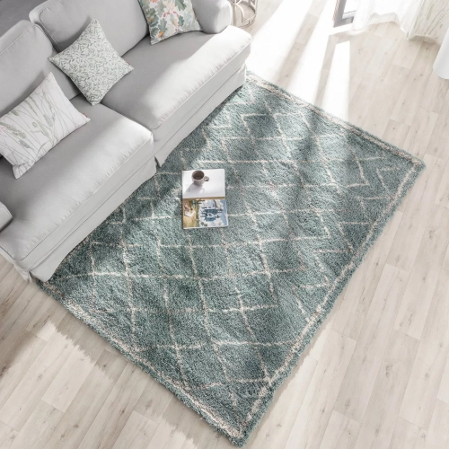 dywan miętowy boho Nomadic Mint 120x170 cm w pastelowym odcieniu mięty z geometrycznym wzorem, miękki i sprężysty, idealny do nowoczesnych i boho wnętrz