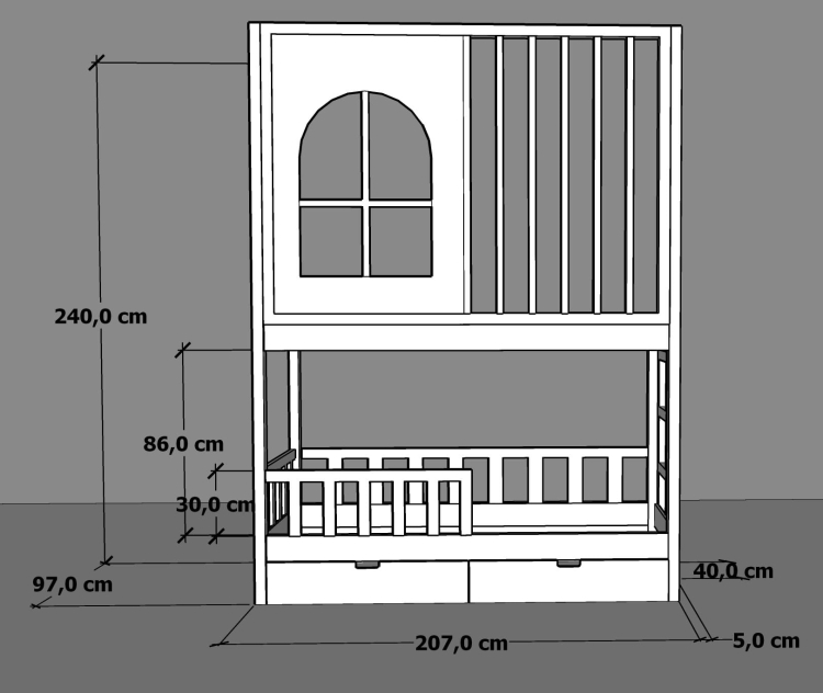 rzut techniczny łóżka piętrowego Castle z lamelami, wysokość 240 cm i szerokości dla rozmiaru 120x200 cm