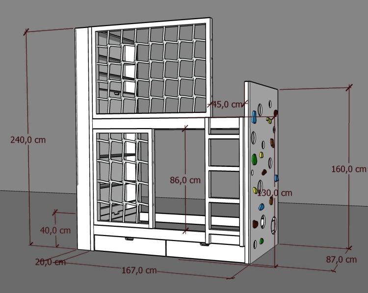 schemat wymiarów łóżka piętrowego Adventure Loft z linowymi barierkami