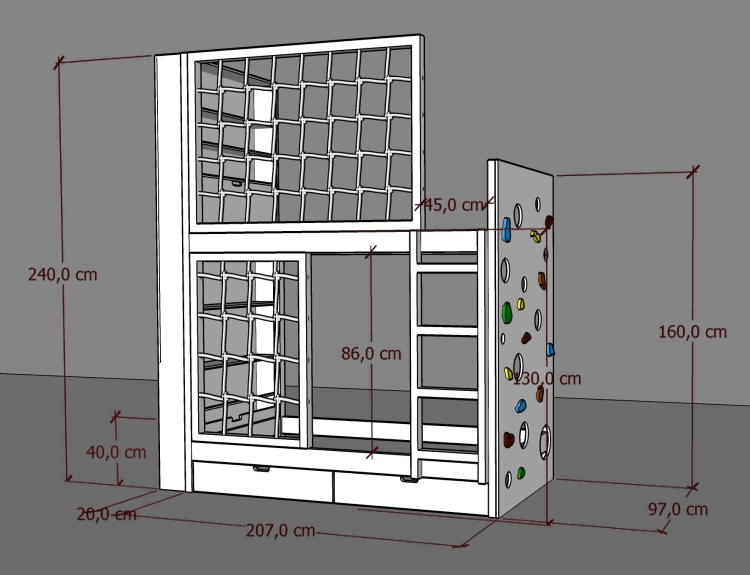 techniczny rysunek boczny łóżka piętrowego Adventure Loft, długość, szerokość i wysokość konstrukcji